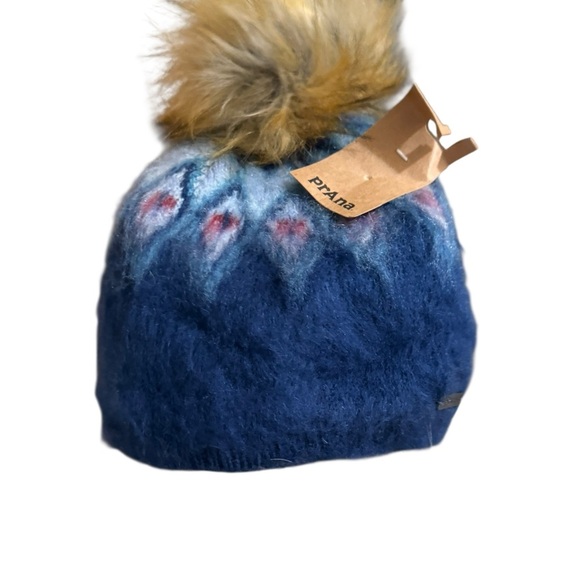 Prana Blue and White Knit Hat with Faux Fur Pom - Picture 4 of 8